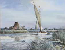 Colin W Burns  (British, B.1944) "Sailing on the Bure near St Benets" signed (lower left),