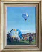 John Rowbottom (British, 20th Century) Hot Air Balloons over a City both signed, pair of oils on