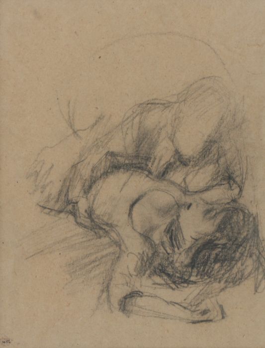 Peggy Somerville (British, 1918-1975) 'Lovers' (Peggy & Harry) black chalk, studio stamp (lower