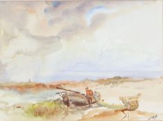 Jack Cox (British, 1914-2007) Beach Scene with Figure and Boat signed (lower right), watercolour