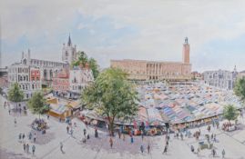 Martin Sexton (British, Contemporary) Norwich Market signed (lower leftt), watercolour 60 x 90cm (