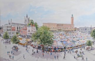 Martin Sexton (British, Contemporary) Norwich Market signed (lower leftt), watercolour 60 x 90cm (