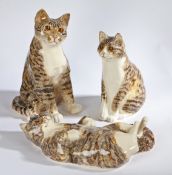 A group of three 'Winstanley' pottery Tabby Cats, signed to underside, seated cats - 32cm & 42cm