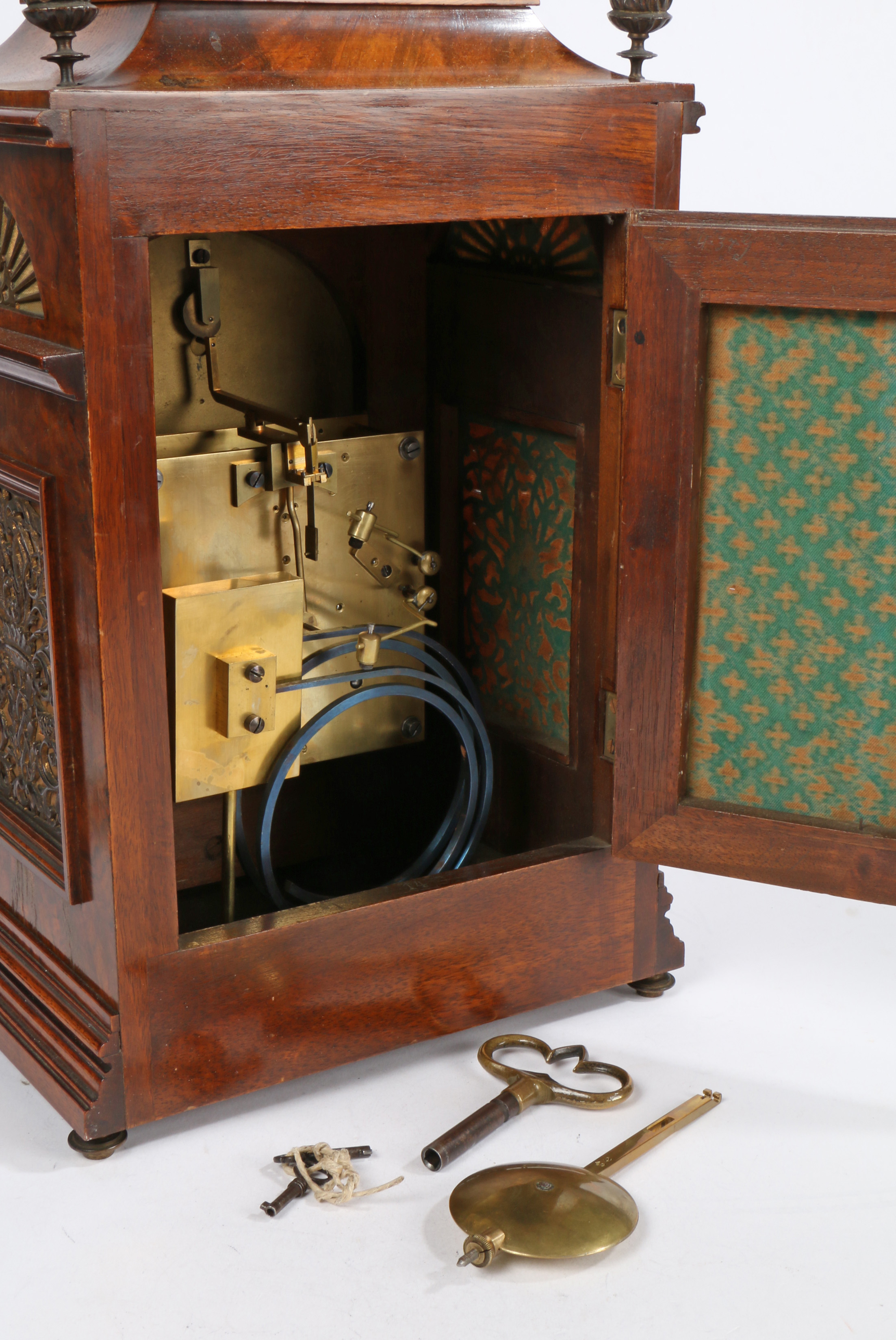 An early 20th Century walnut and brass mounted mantel clock, by Lenzkirch, No. 382379, the case with - Image 3 of 3