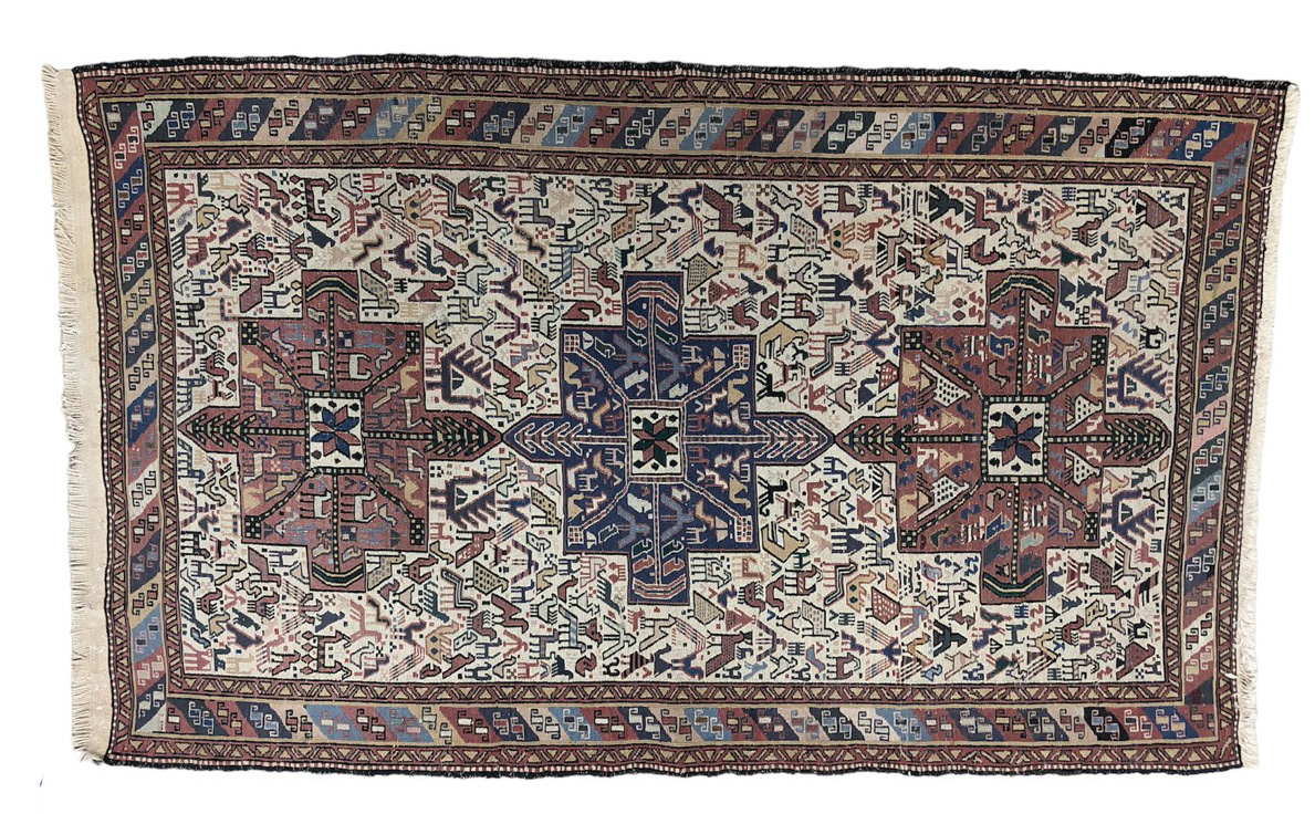 A Caucasian rug, three medallions on ivory field, all-over zoomorphic decoration, multiple - Image 4 of 4