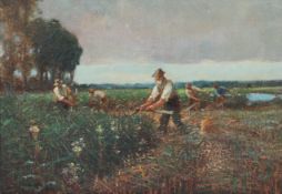 Charles Mayes Wigg (British, 1889-1969) 'The Reedcutters' signed (lower left), oil on canvas 32 x