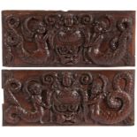 A pair of 17th century oak panels, dated 1662 Each designed with a pair of mermaids, centred by a