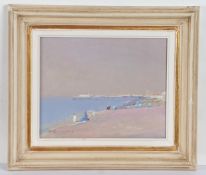 Fred Cuming, RA (British, 1930-2022) Beach Scene with Distant Pier signed (lower left), oil on board