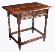 A Charles II oak side table, circa 1680 The top of two ovolo-moulded boards, the single frieze