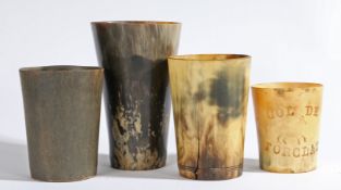 Four horn beakers, 19th century three plain and one inscribed with 'Col de Forclaz' (4)
