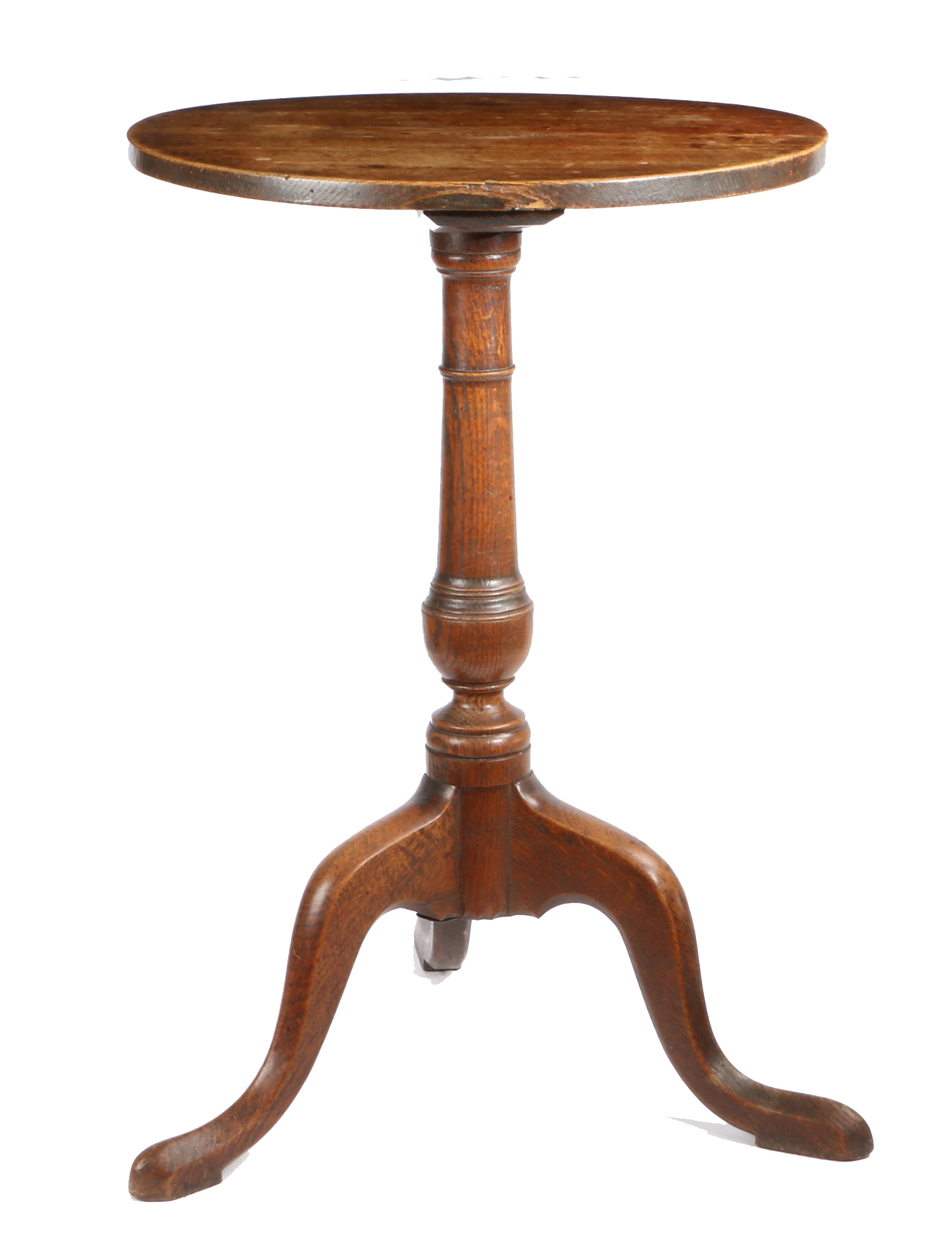 A George III ash and oak tripod table, circa 1780 Having a fixed, one-piece, circular ash top, on