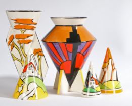 A group of four Art Deco style ceramics designed by Marie Graves - Red Roof pattern unique vase 1 of