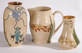 Group of three Burslem Pottery wares comprising two vases and a jug, Grotesque Fish decoration,