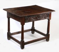 A Charles I oak centre table, Lancashire, circa 1640 The top of three boards, with an historic