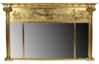 A George III gilt overmantle mirror, having a ball finials above a frieze depicting a classical