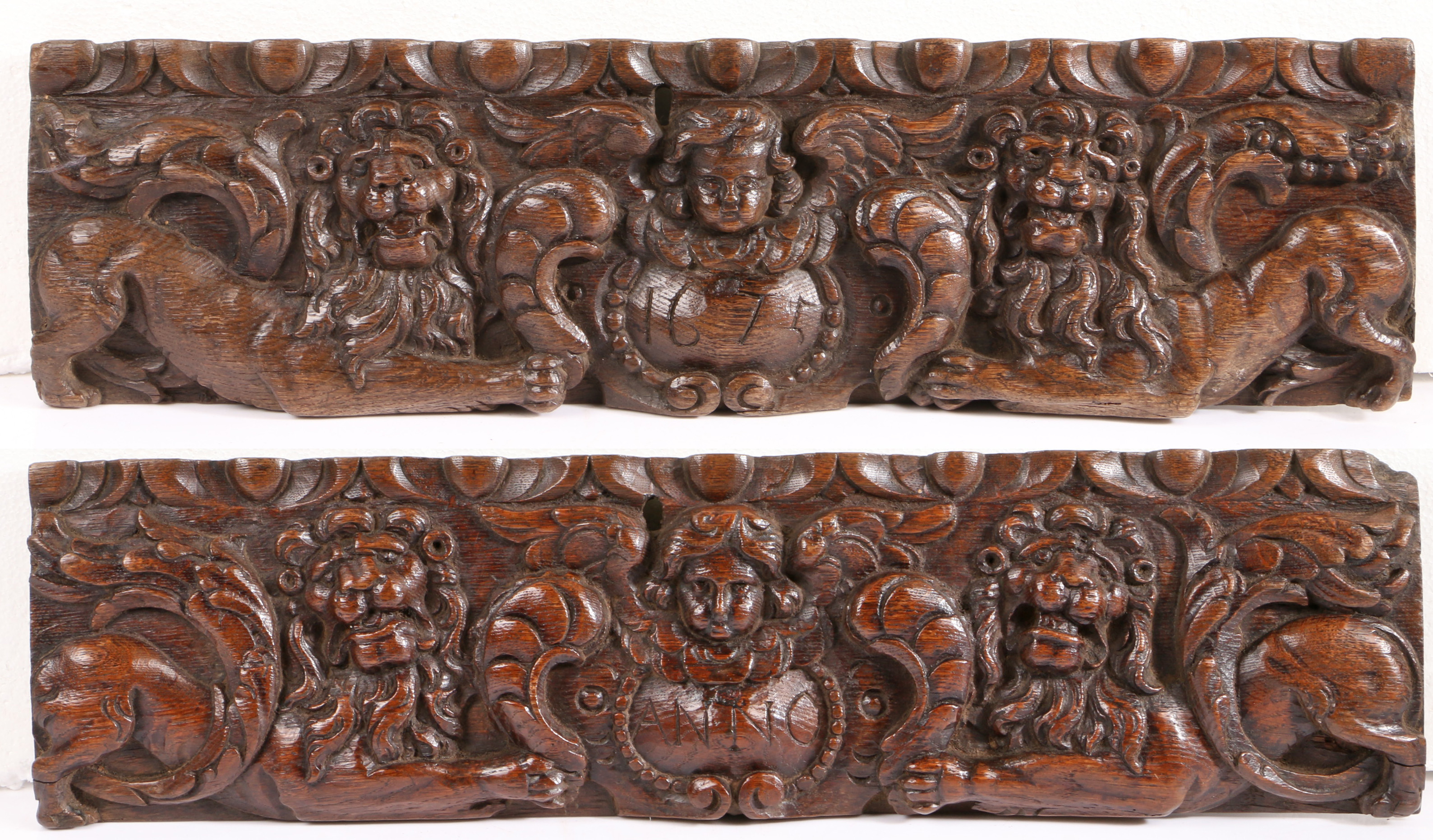 A pair of 17th century carved oak drawer fronts, dated 1675 Each carved with a pair of recumbent - Image 2 of 2