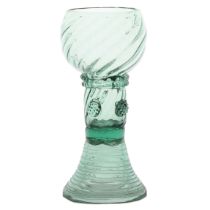 An English 18th Century green roemer glass, circa 1700, the wrythen cup with multi applied raspberry