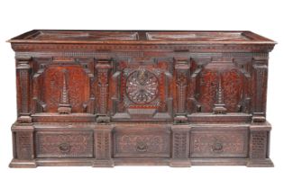 A good mid-17th century pine/cedar chest, ornately carved, stained and dated 1648 Of show dove-