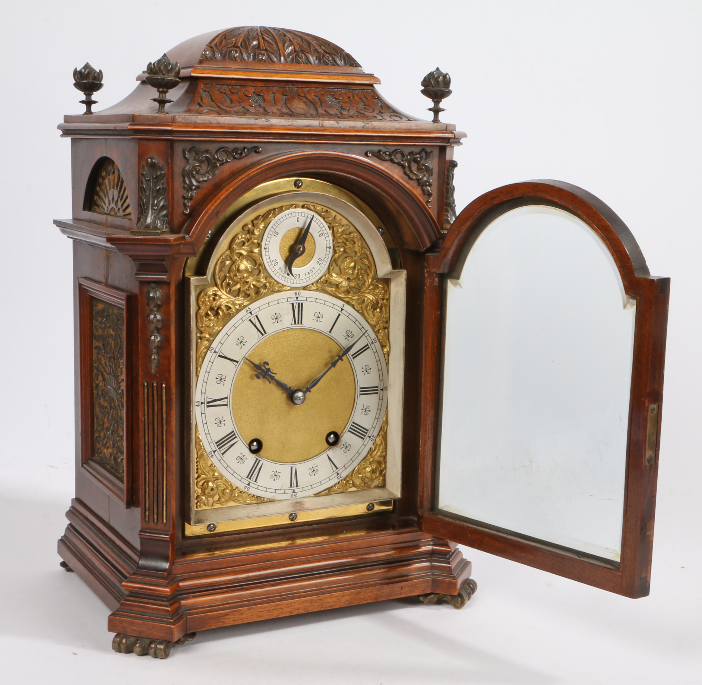 An early 20th Century walnut and brass mounted mantel clock, by Lenzkirch, No. 382379, the case with - Image 2 of 3