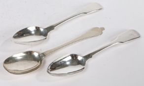 An English provincial trefid teaspoon, circa 1690, the base of the handle with scroll decoration and