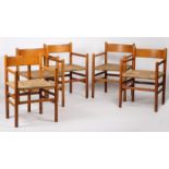 A Set of Five mid 20th century Scandinavian rush seated armchairs, having a curved slat back above