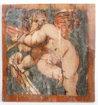 North Italian School (Circa 1600) Cherubs Group of three wooden panels from a ceiling decoration