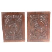 A pair of 17th century oak Romayne-type portrait panels One carved with the profile bust of a