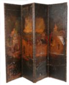 19th century polychrome painted leather four fold screen, depicting coaching scenes, approx 245cm