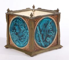A Minton Hollins & Co tile jardiniere, the turquoise glazed tiles with depictions of classical