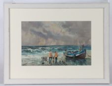 Jack Cox (British, 1914-2007) North Norfolk Fishing Boat with Fishermen signed (lower left),