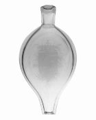 A Victorian English glass flask, circa 1870, engraved with the name T. Morgan and a crest to the