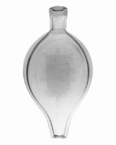 A Victorian English glass flask, circa 1870, engraved with the name T. Morgan and a crest to the