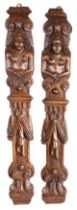 A pair of late 16th century limewood figural terms, circa 1590 Each female, below an Ionic