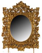 19th century carved Florentine mirror with leaf and berry design, mirror 48 x 38cm overall 92 x