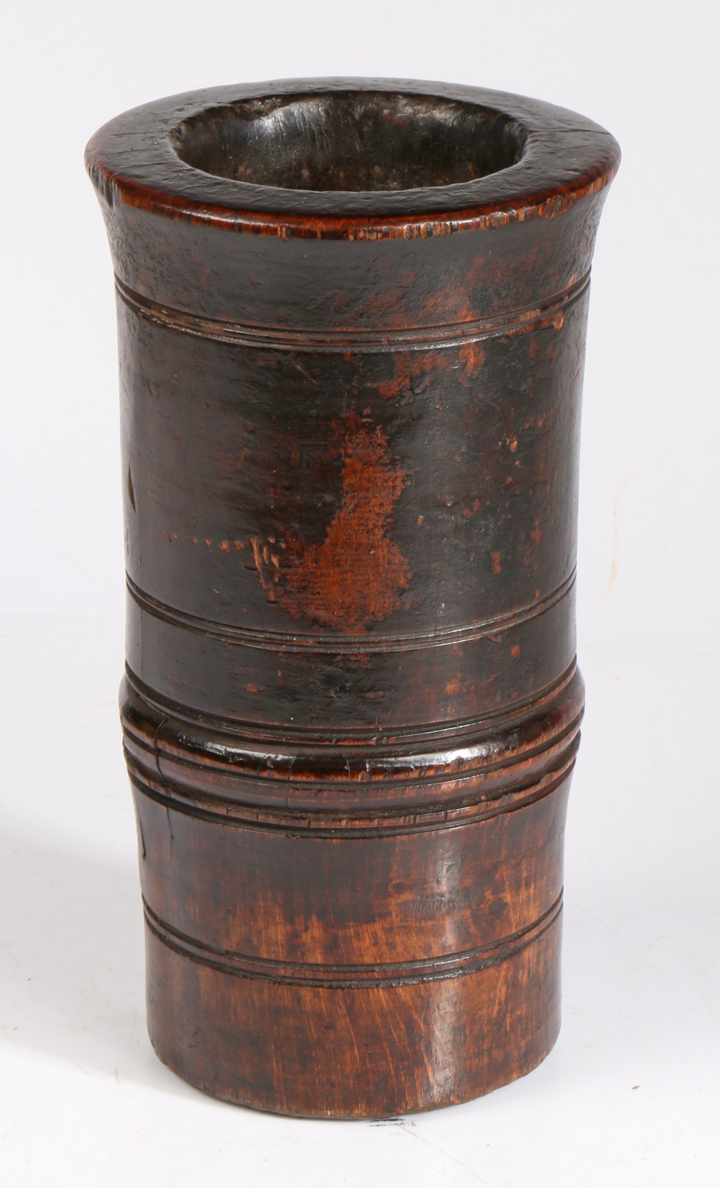 A 19th century sycamore mortar Of tall cylindrical form, with low fillet, and slightly flared rim,