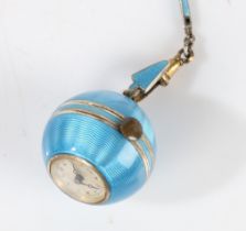 A Continental silver and turquoise enamel orb form pendant watch and chain, the white dial with