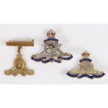 Three Royal Artillery gold brooches, the first in 9 carat gold with enamel and diamonds to the