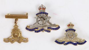 Three Royal Artillery gold brooches, the first in 9 carat gold with enamel and diamonds to the