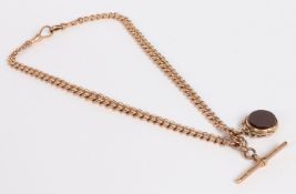 A 9 carat gold pocket watch chain, with clip ends, central T bar and bloodstone inset swivel fob