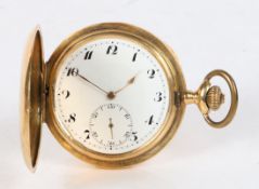 An 18 carat hunter pocket watch, the white enamel dial with Arabic numeral, outer minutes track
