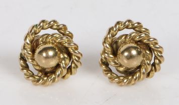 A pair of 9 carat gold earrings, with central orbs surrounded by two rope-twist effect bands, 7g
