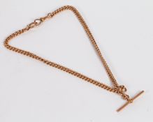 A 9 carat gold pocket watch chain, with clip ends and central T bar, 39cm long, 37.5g