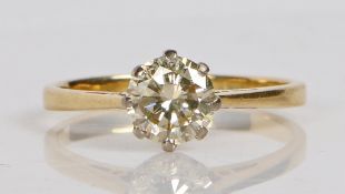 An 18 carat gold solitaire ring, the round brilliant cut diamond at approximately 1ct. ring size