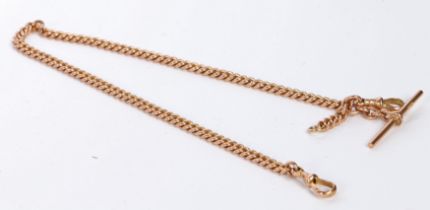 A 9 carat gold pocket watch chain, formed from oval links, with T bar and clip to each end, 35cm