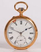 An IWC 14 carat gold open face pocket watch, the white enamel dial with Roman numerals, outer