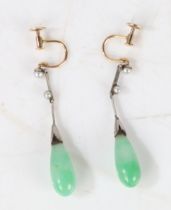A pair of platinum, jade and pearl earrings, the teardrop form jade drops above pearl set stems,