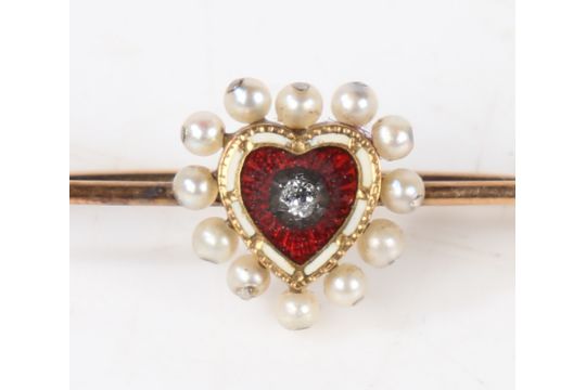 A 15 carat gold bar brooch, the central red and white enamelled heart with diamond to the centre - Image 7 of 14