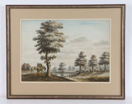 A 19th Century landscape scene with three horses beneath a tree, house and river to the rear ground,