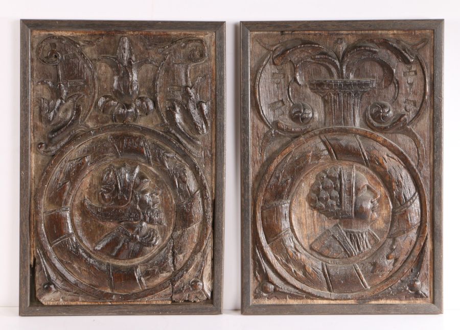A pair of 17th Century framed Romayne panels, with fleur de lis and scroll carved pediments above - Image 2 of 2