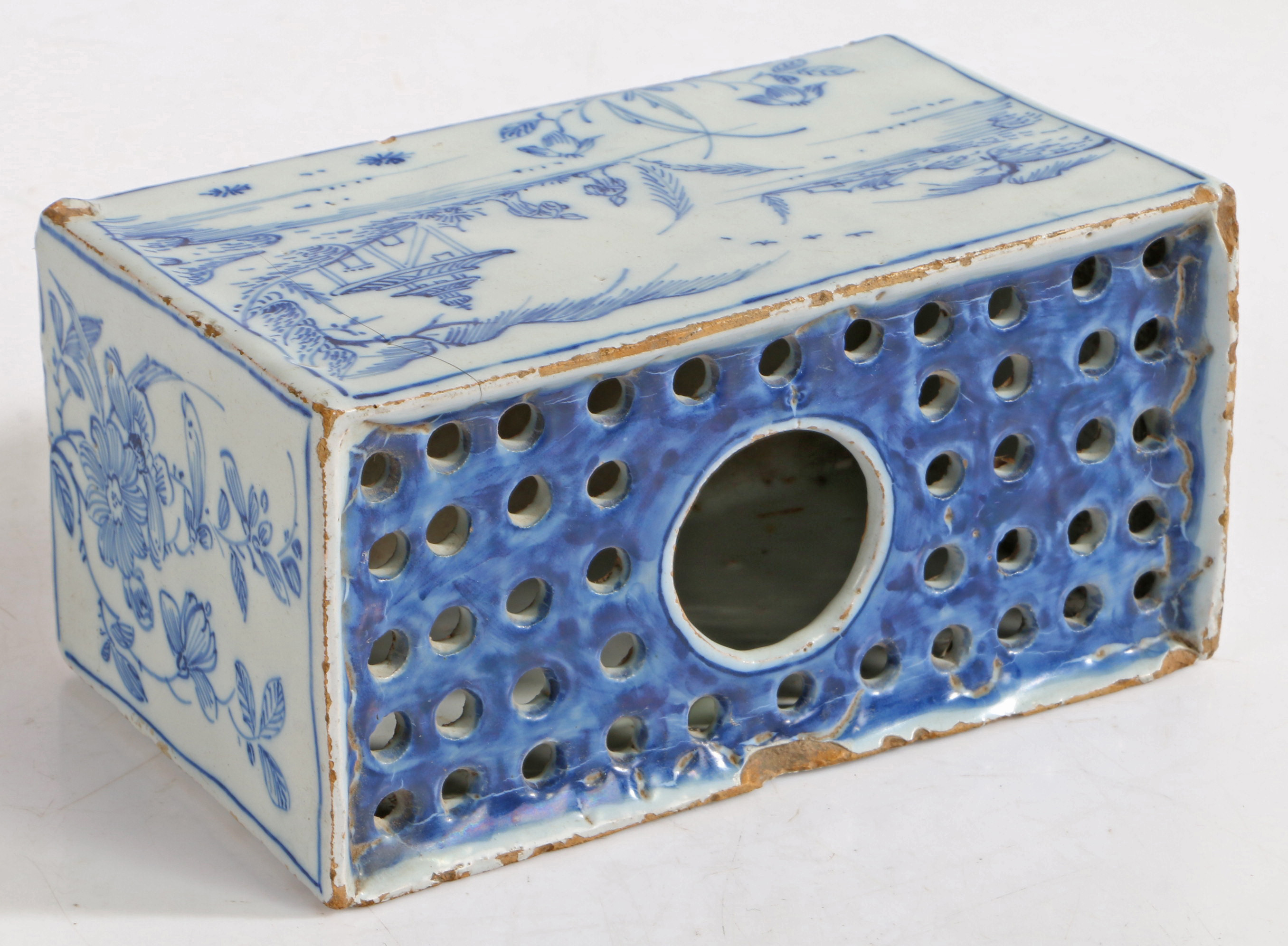 An 18th Century Delft flower brick, with Oriental landscape decorated front and back flanked by - Image 2 of 2